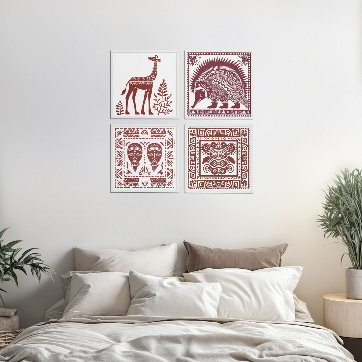 Bed Room Preview of Tribal Animal & Face Motif Wall Art Frames Set of 4 in White Color Frame