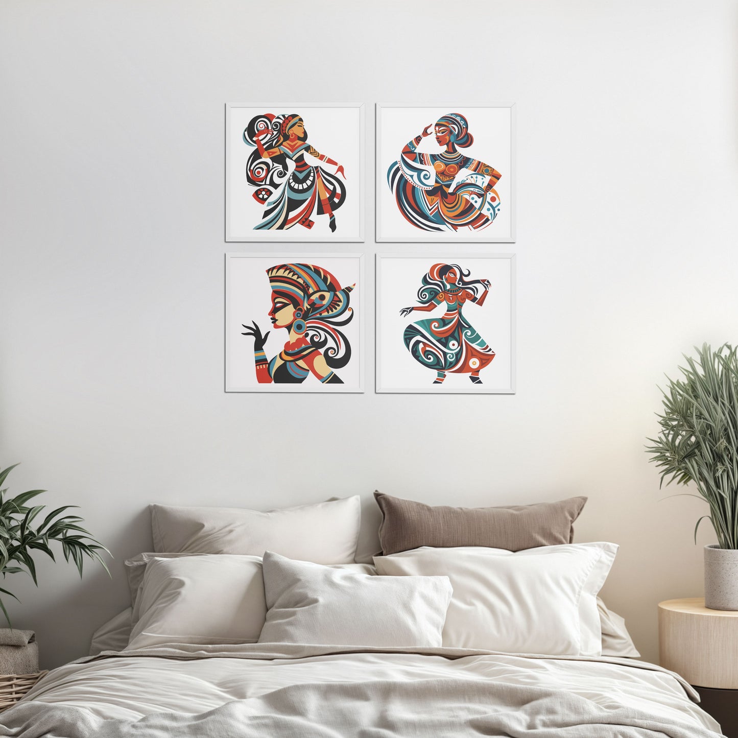 Bed Room Preview of Dancing Women Warli Folk Art Frames Set of 4 in White Color Frame