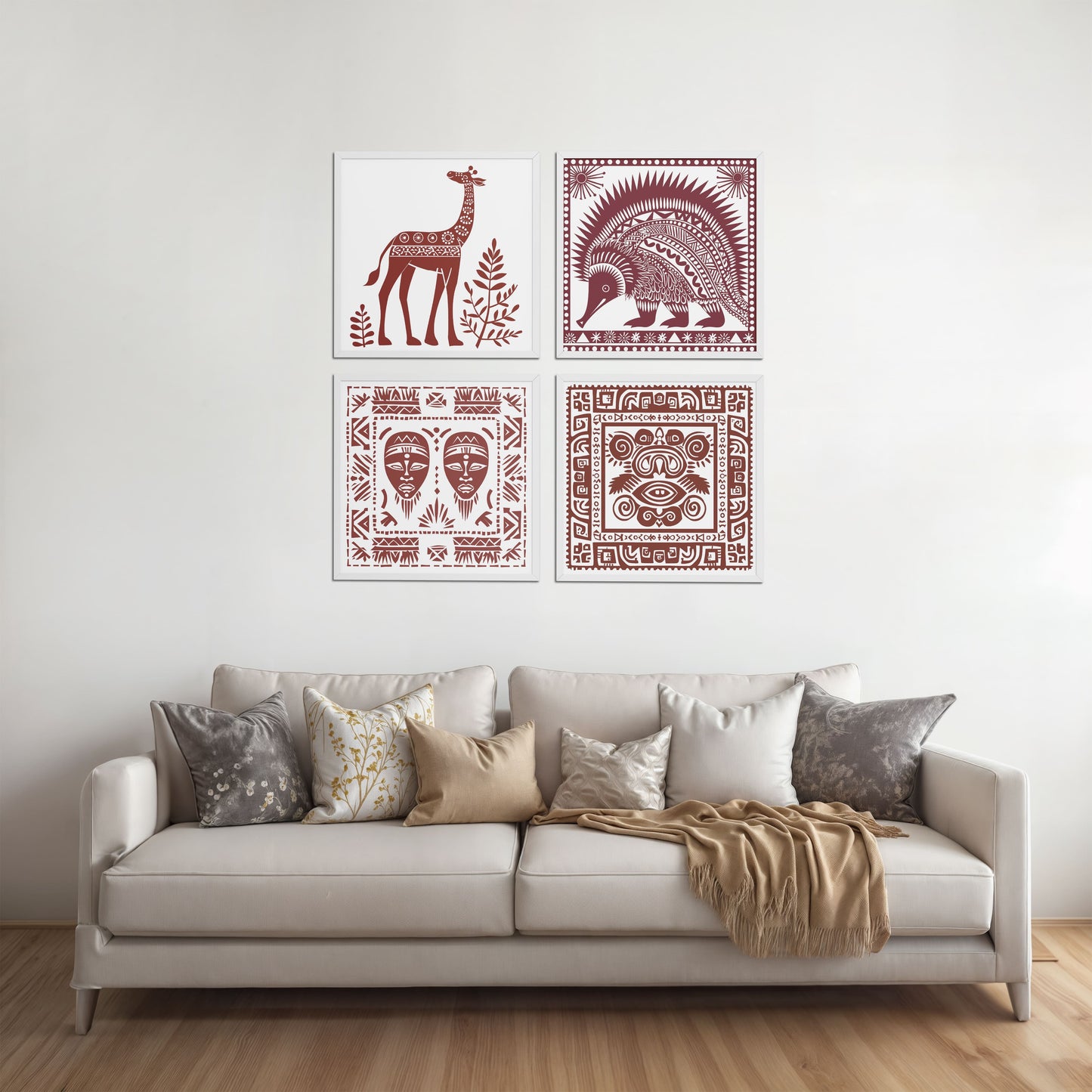 Living Room Sofa Preview of Tribal Animal & Face Motif Wall Art Frames Set of 4 in White Color Frame