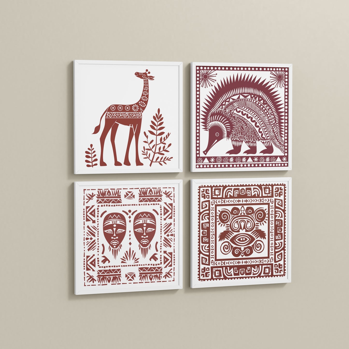 Wall View of Tribal Animal & Face Motif Wall Art Frames Set of 4 in White Color Frame