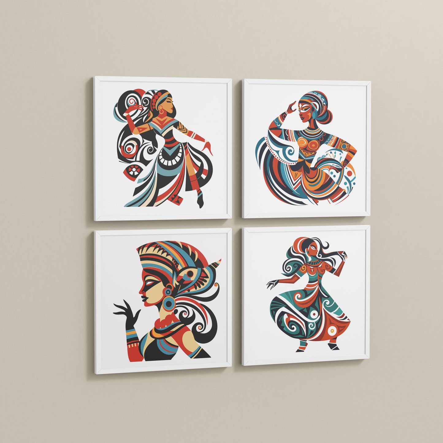 Side View of Dancing Women Warli Folk Art Frames Set of 4 in White Color Frame