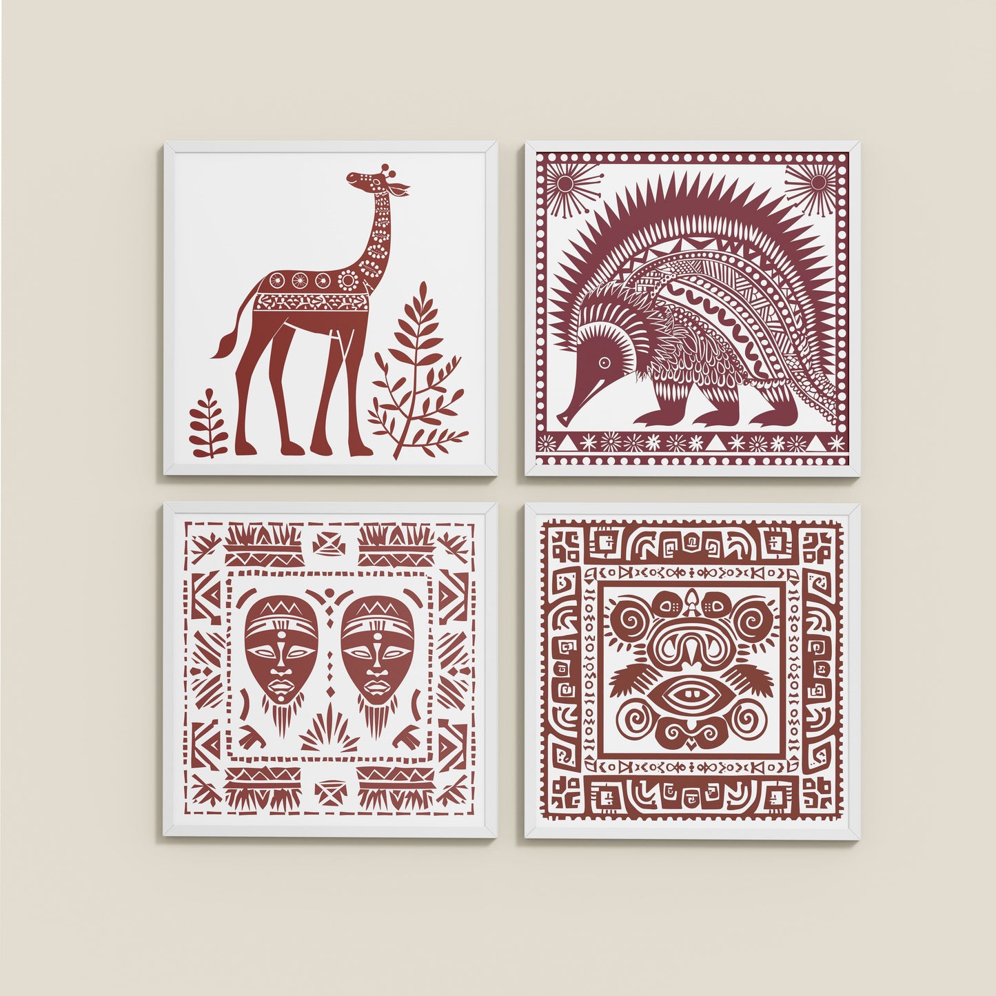Side View of Tribal Animal & Face Motif Wall Art Frames Set of 4 in White Color Frame