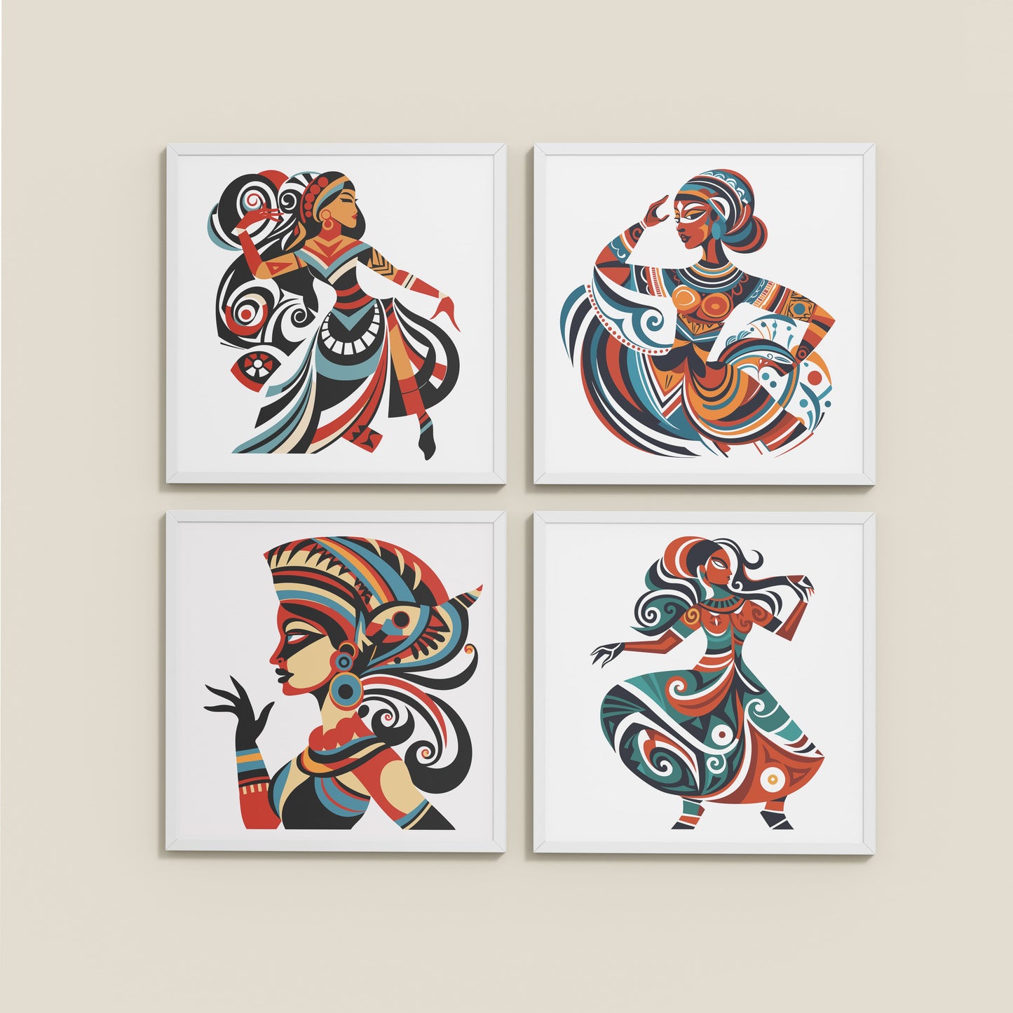 Wall View of Dancing Women Warli Folk Art Frames Set of 4 in White Color Frame