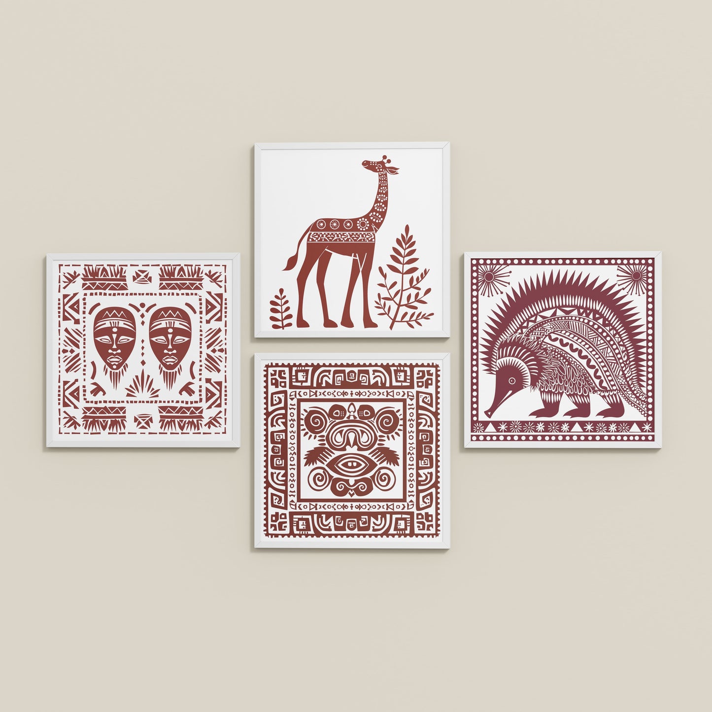 Inclined Floor View of Tribal Animal & Face Motif Wall Art Frames Set of 4 in White Color Frame