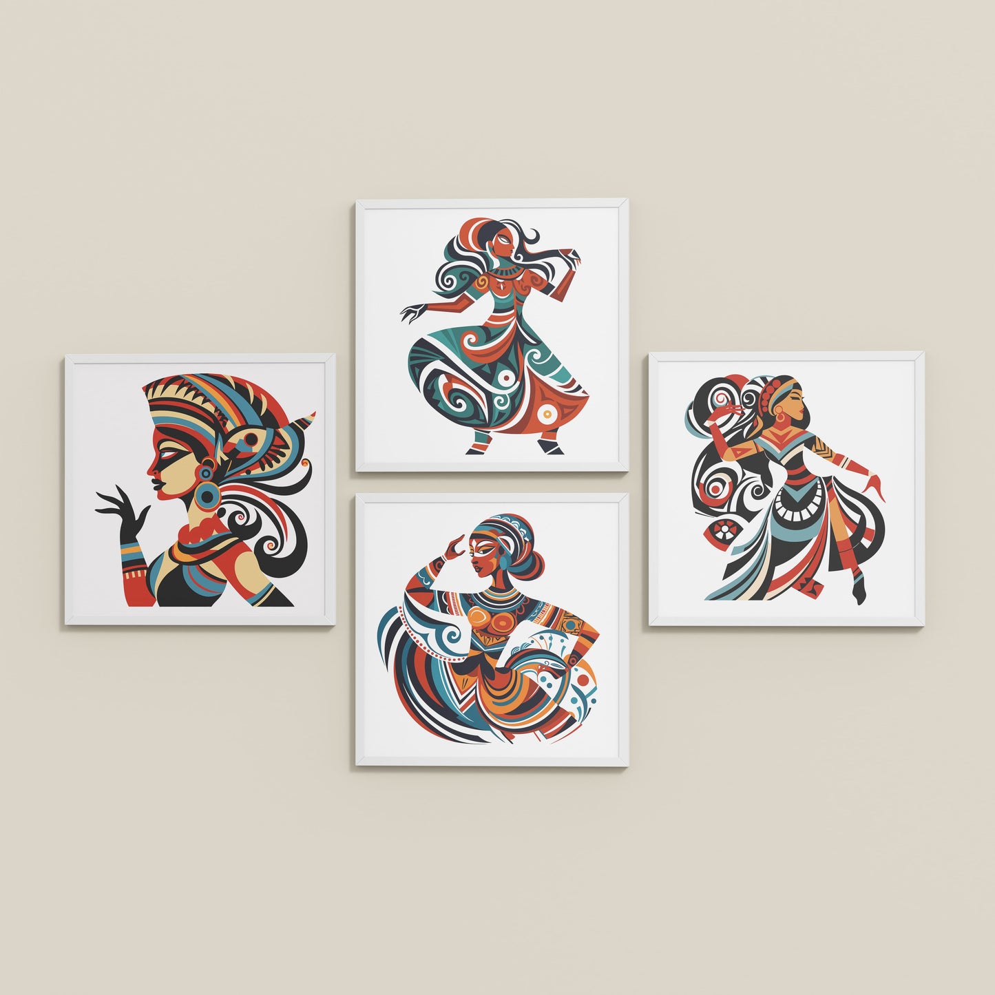 Inclined Floor View of Dancing Women Warli Folk Art Frames Set of 4 in White Color Frame