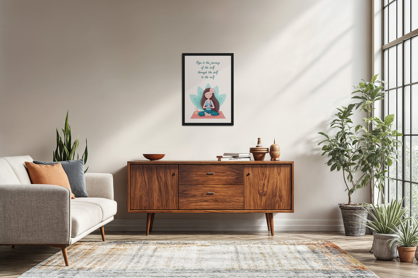 Living Room Sofa Preview of The Inner Journey of Yoga – Wall Art Frame in Black Color Frame