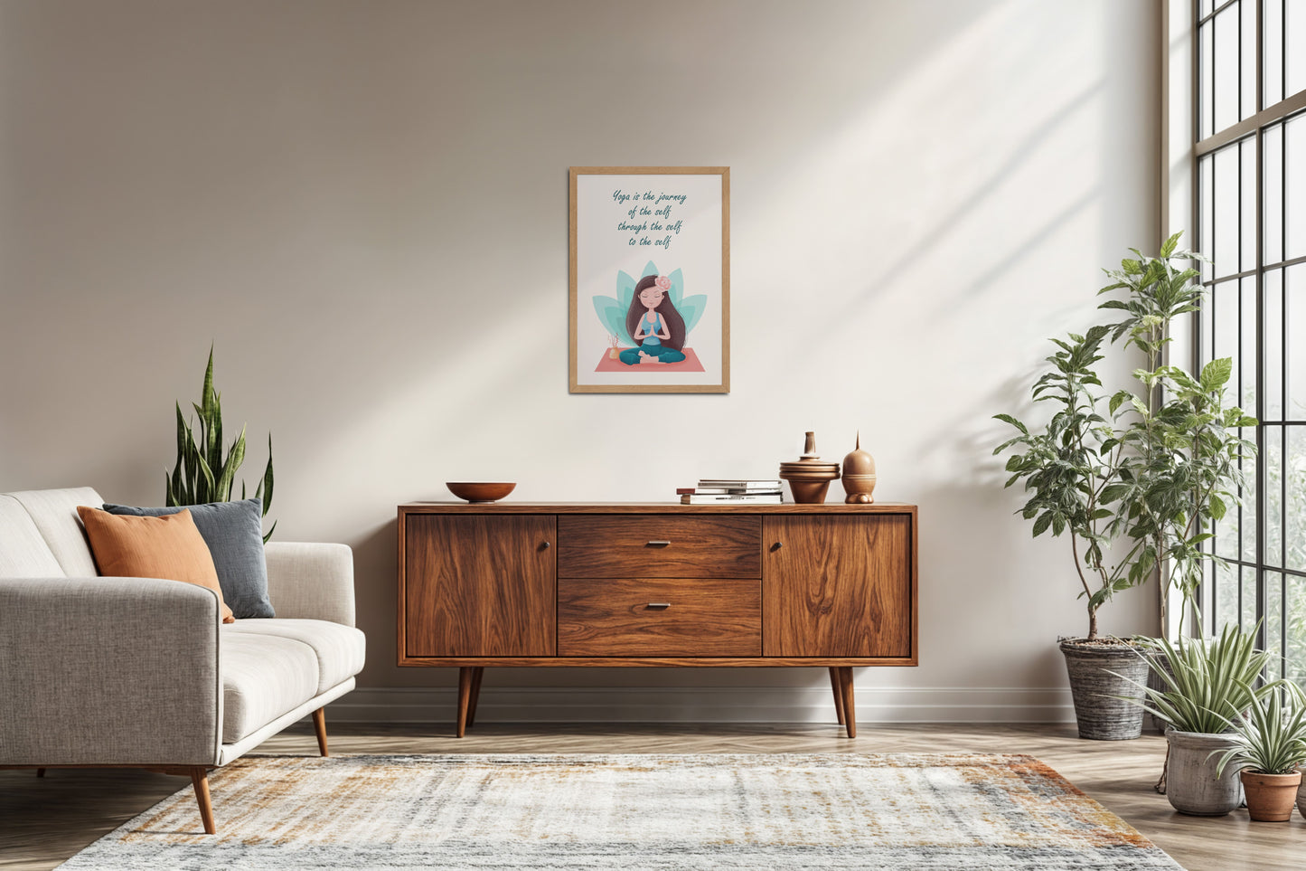 Living Room Sofa Preview of The Inner Journey of Yoga – Wall Art Frame in Natrual Color Frame
