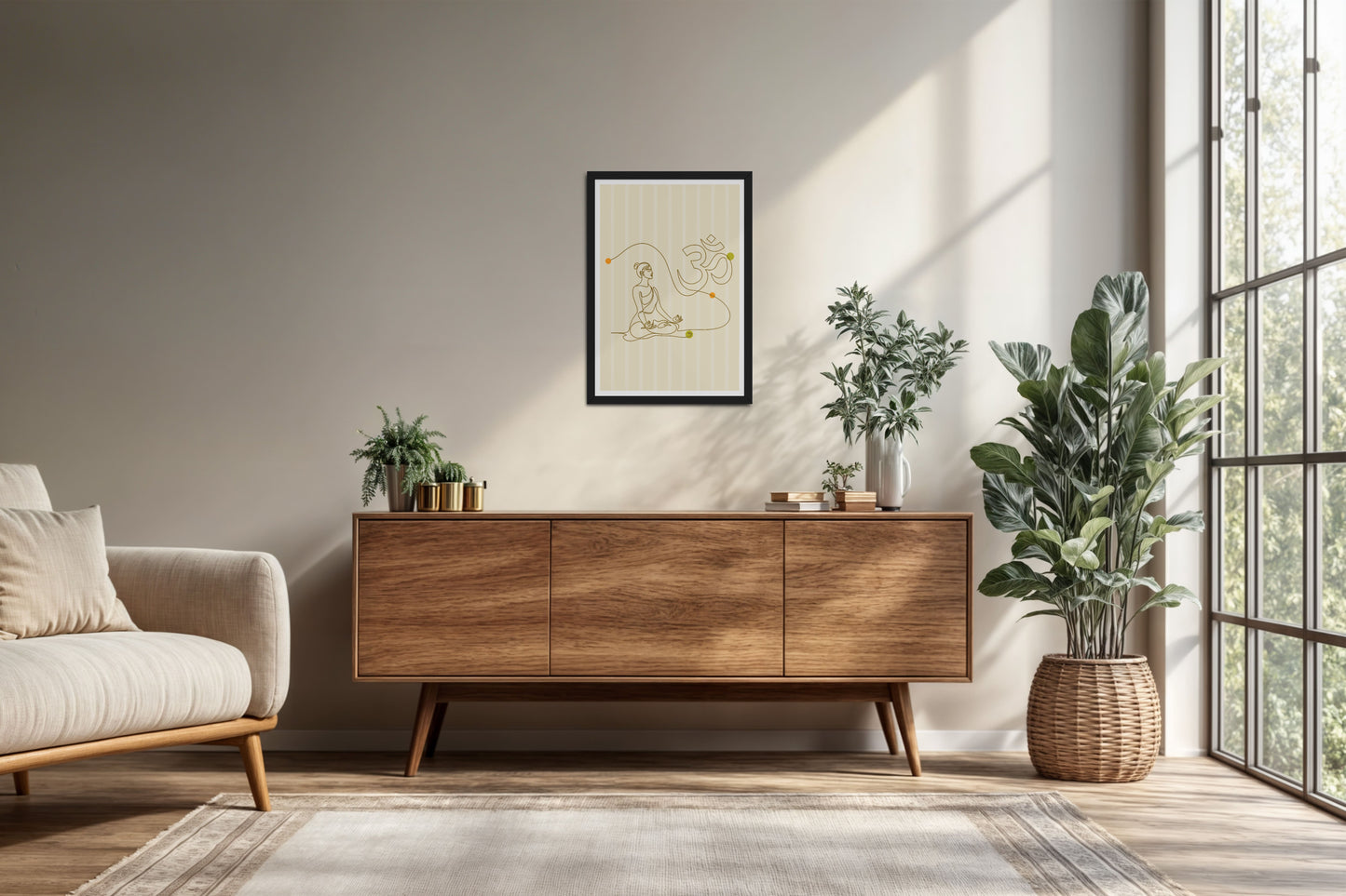Living Room Cabinet Preview of Om Serenity – Meditative Line Art Wall Frame in Black Color Frame