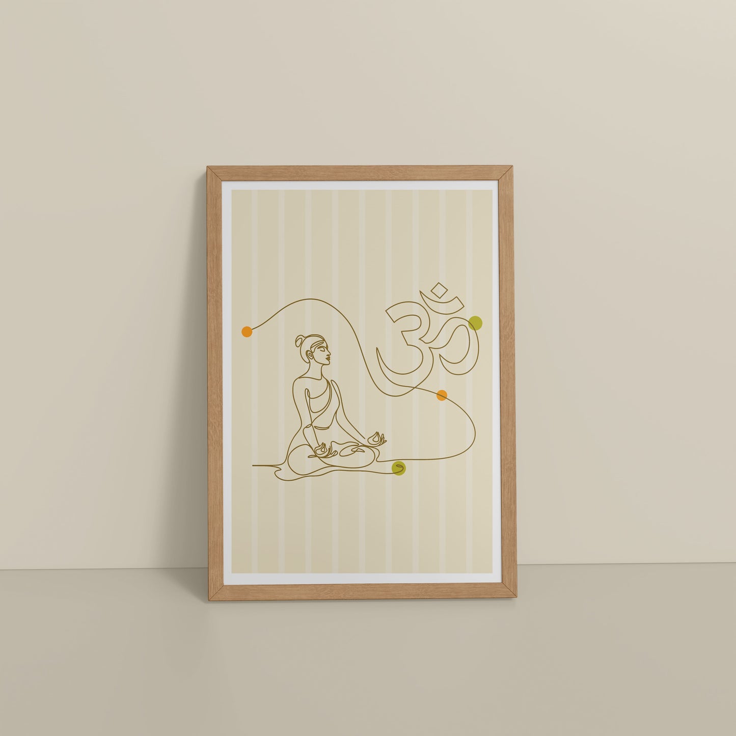 Floor View of Om Serenity – Meditative Line Art Wall Frame in Natrual Color Frame