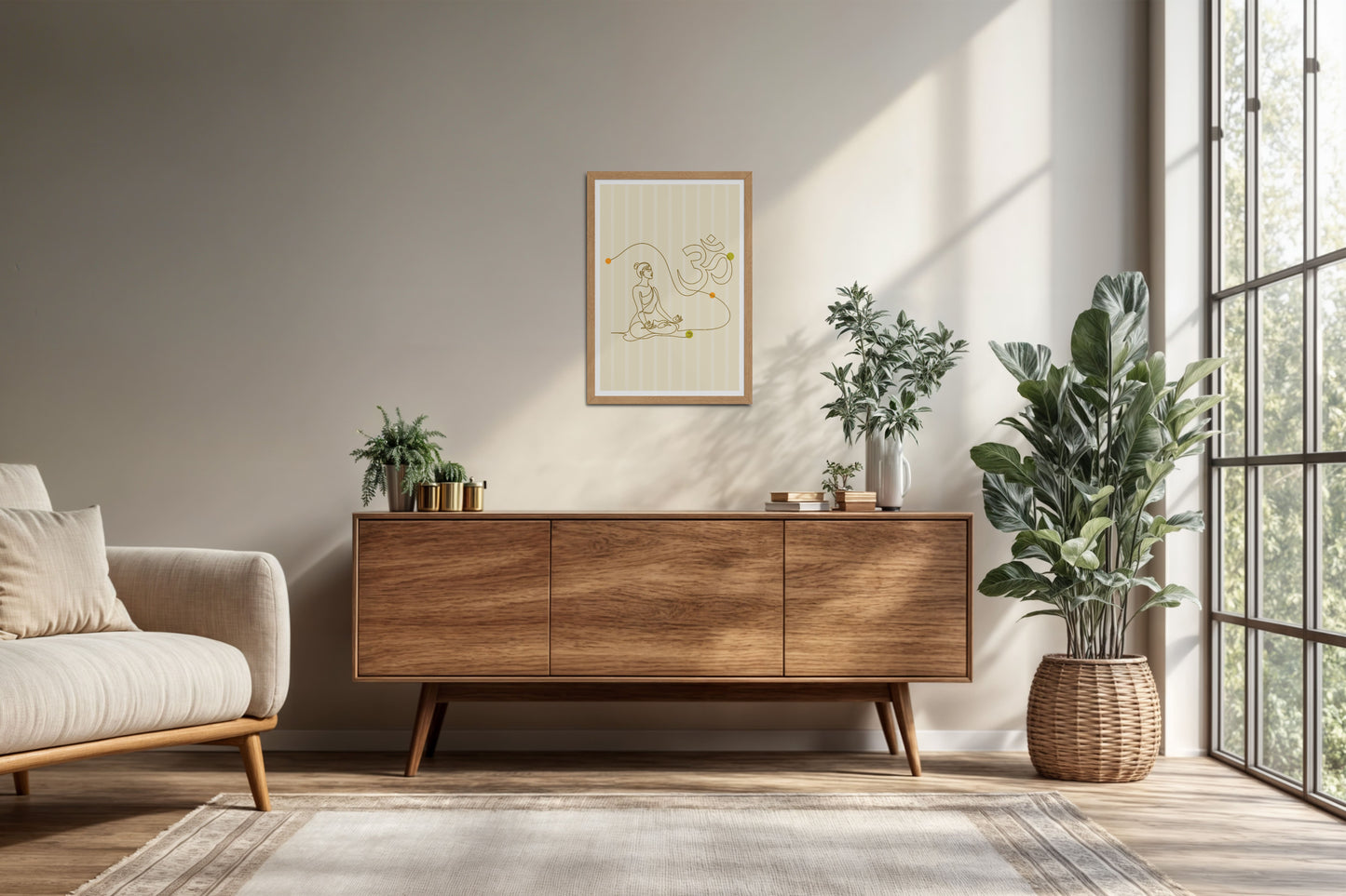 Living Room Cabinet Preview of Om Serenity – Meditative Line Art Wall Frame in Natrual Color Frame