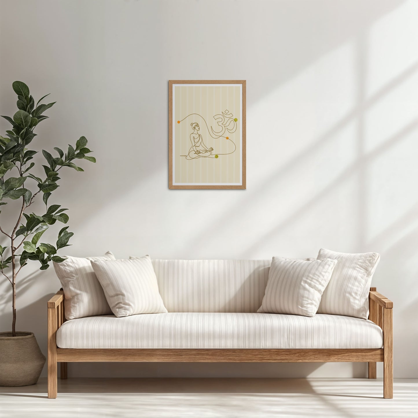 Living Room Cabinet Table Preview of Om Serenity – Meditative Line Art Wall Frame in Natrual Color Frame