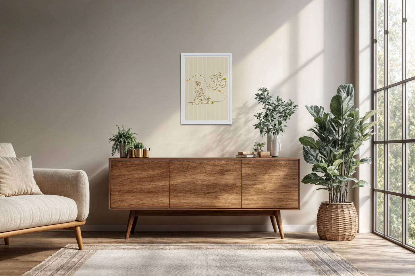 Living Room Cabinet Preview of Om Serenity – Meditative Line Art Wall Frame in White Color Frame