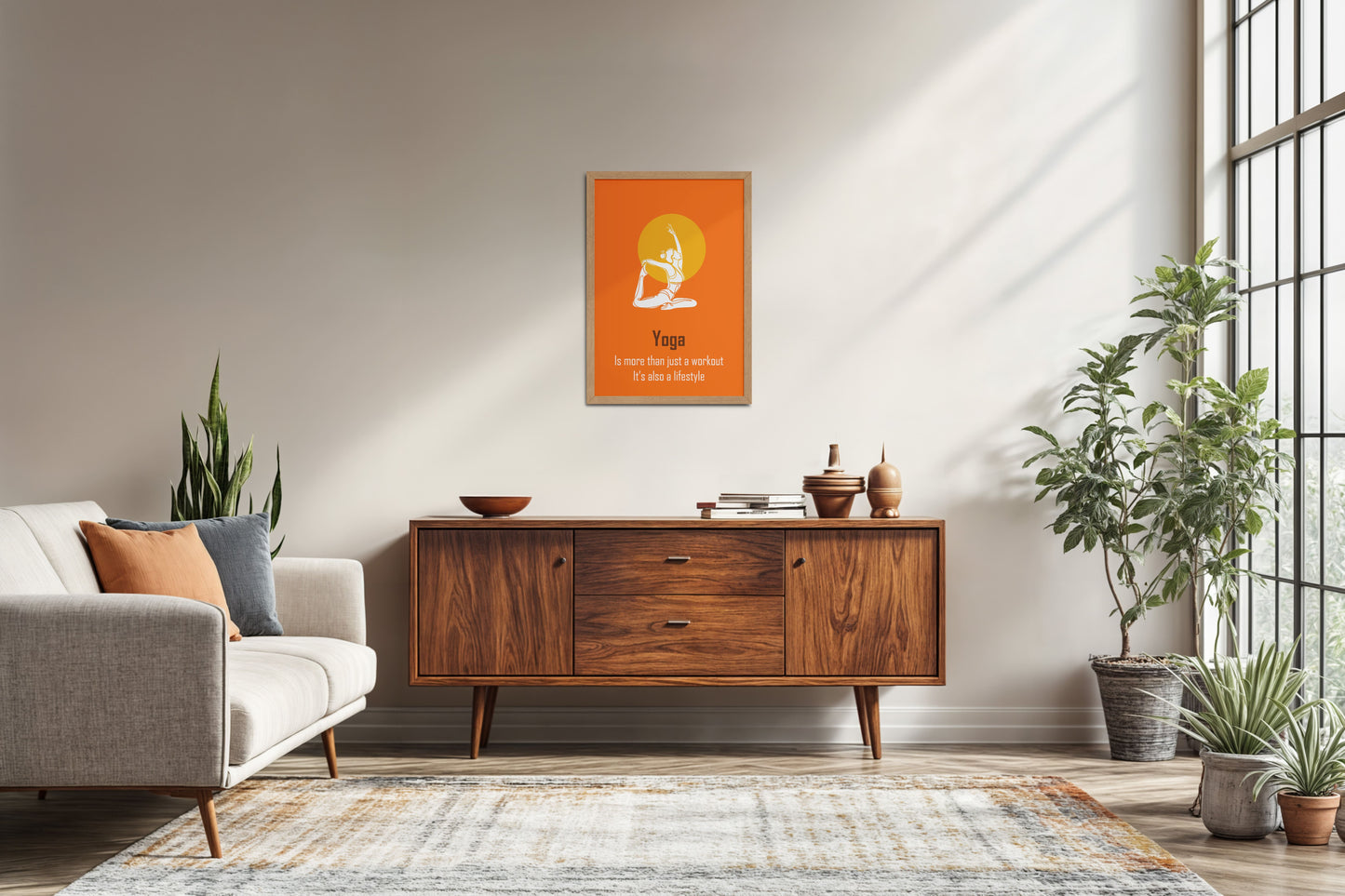 Living Room Sofa Preview of Yoga as a Lifestyle Motivational Wall Art in Natrual Color Frame