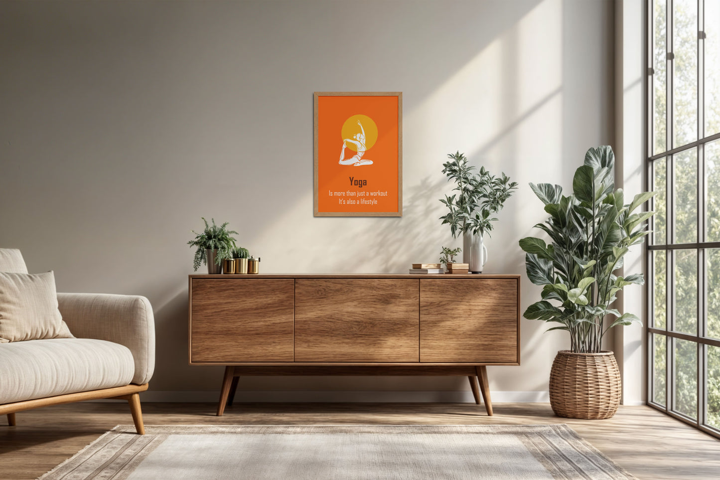 Living Room Cabinet Preview of Yoga as a Lifestyle Motivational Wall Art in Natrual Color Frame