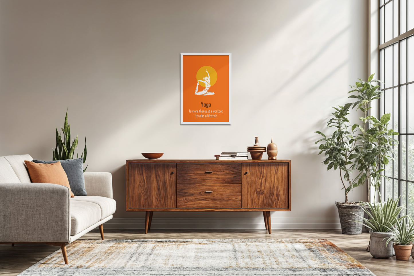 Living Room Sofa Preview of Yoga as a Lifestyle Motivational Wall Art in White Color Frame
