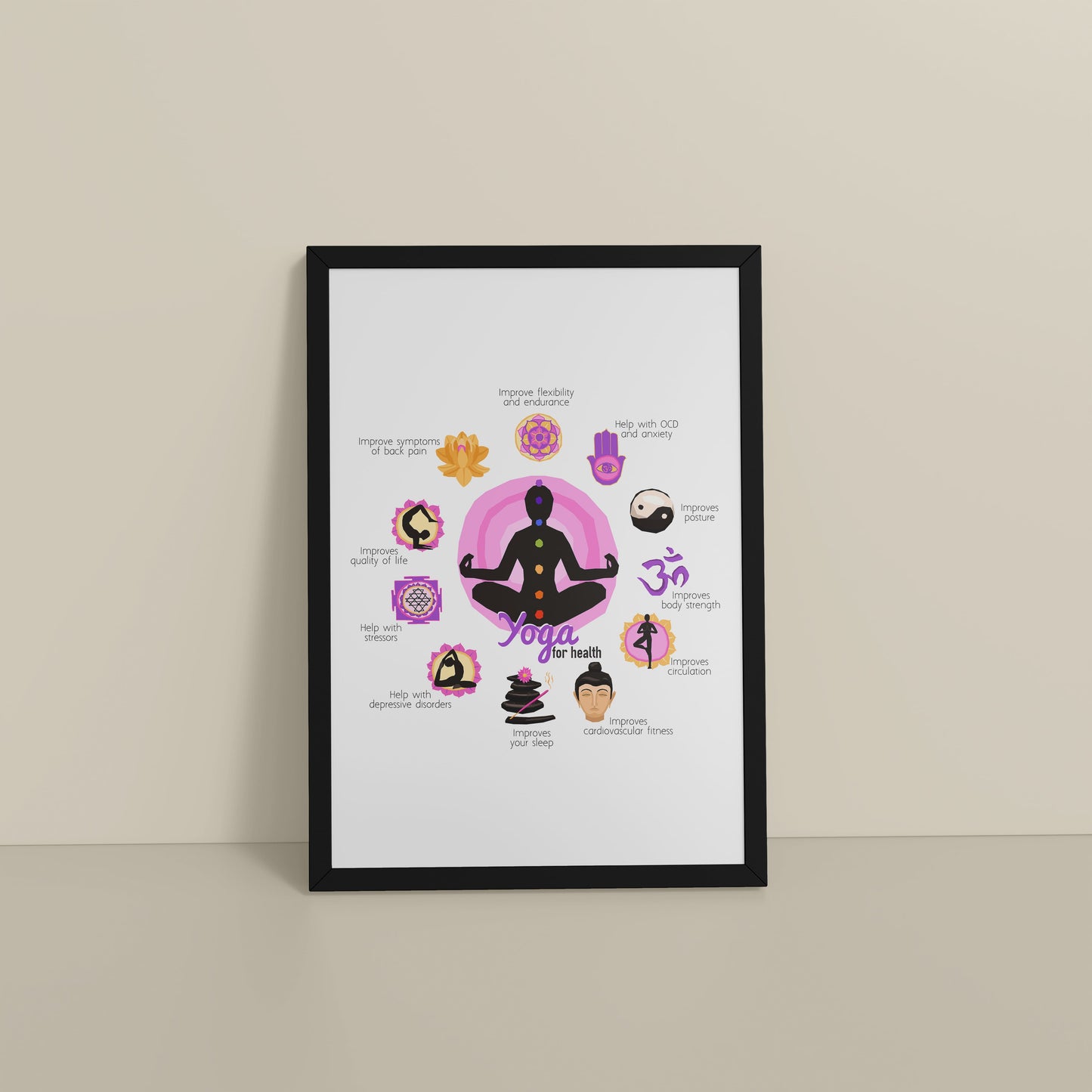 Floor View of Yoga for Health – Inspirational Wall Decor in Black Color Frame