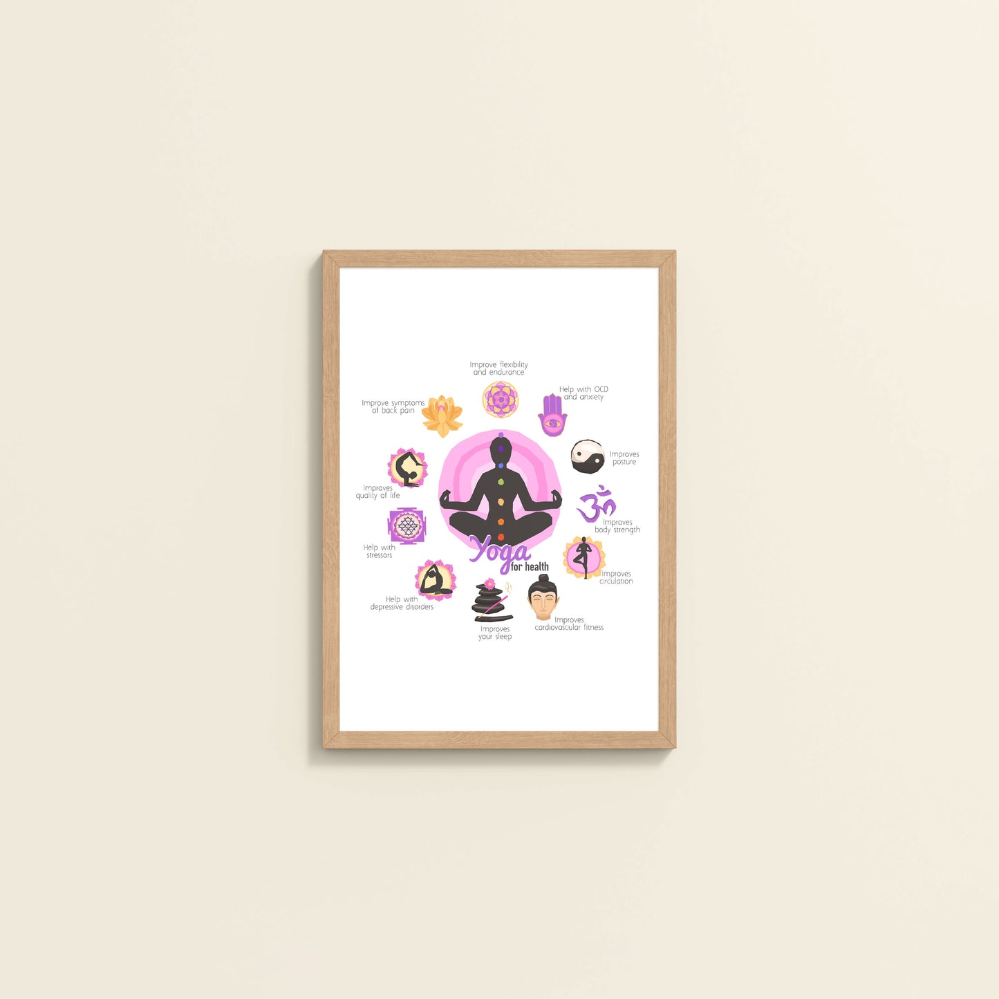 Wall View of Yoga for Health – Inspirational Wall Decor in Natrual Color Frame