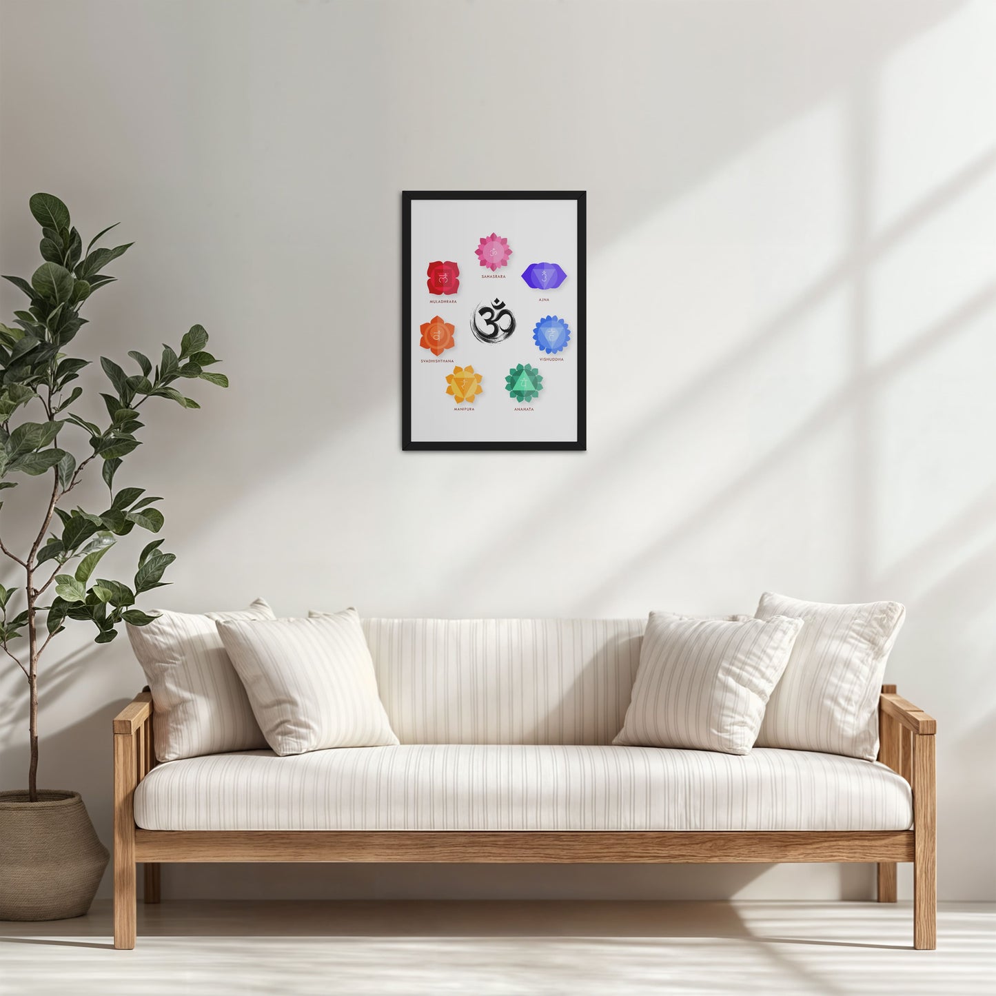 Living Room Cabinet Table Preview of Om & 7 Chakras Meditation in Wall Art Frame in Black Color Frame