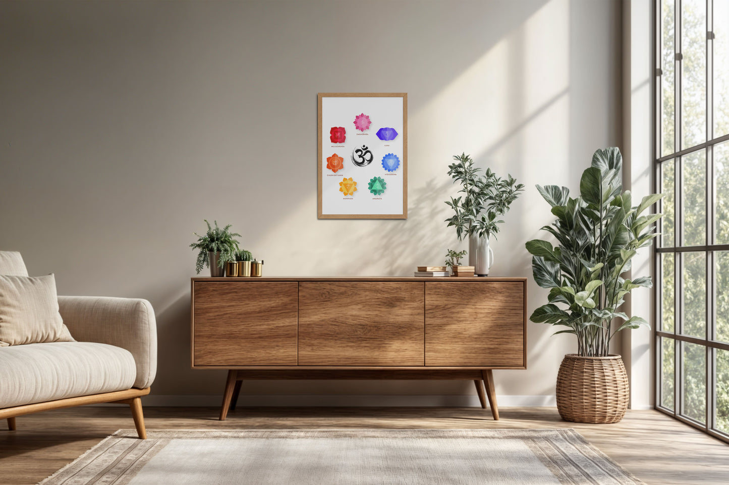 Living Room Cabinet Preview of Om & 7 Chakras Meditation in Wall Art Frame in Natrual Color Frame