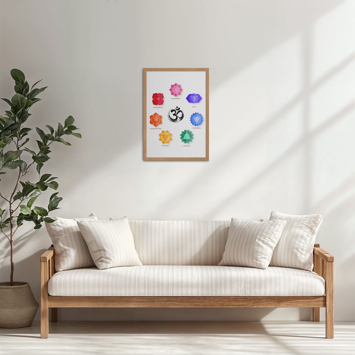 Living Room Cabinet Table Preview of Om & 7 Chakras Meditation in Wall Art Frame in Natrual Color Frame
