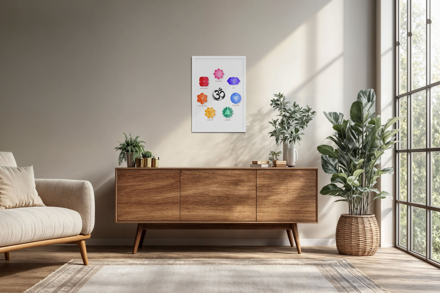 Living Room Cabinet Preview of Om & 7 Chakras Meditation in Wall Art Frame in White Color Frame