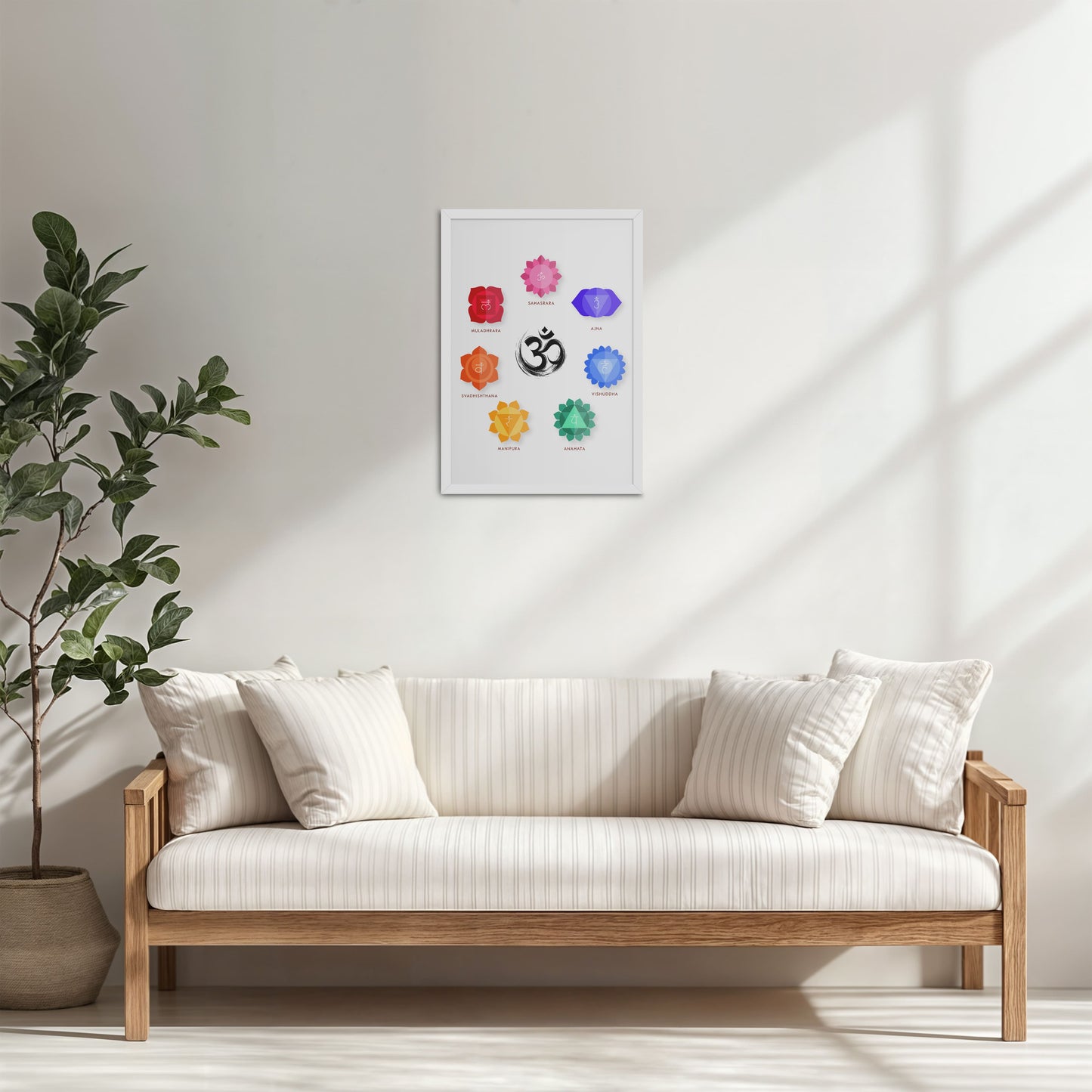 Living Room Cabinet Table Preview of Om & 7 Chakras Meditation in Wall Art Frame in White Color Frame