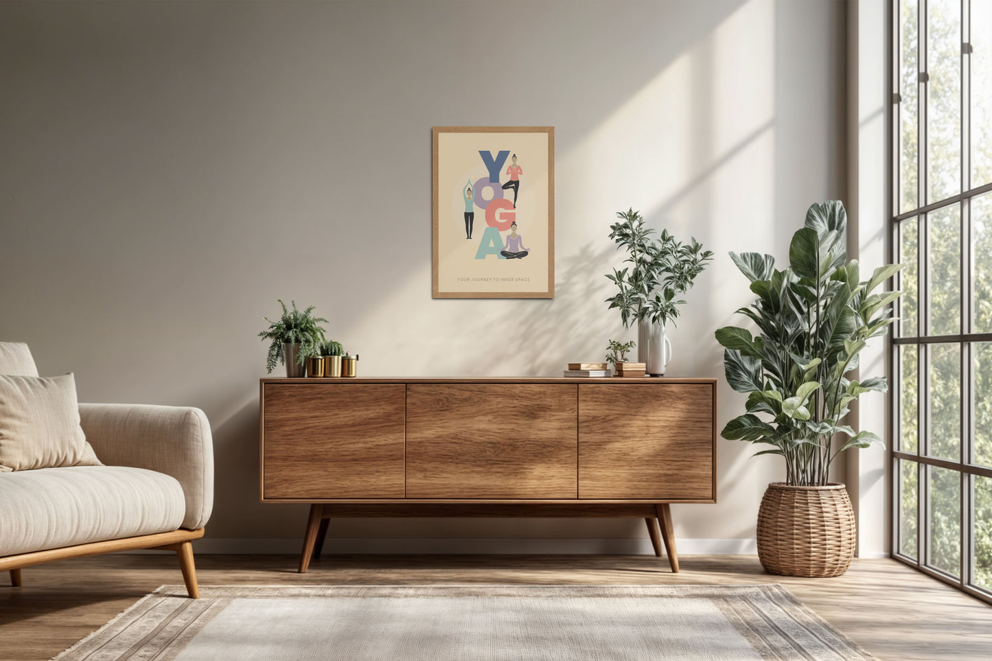 Living Room Cabinet Preview of Inner Space – Yoga Poses Inspirational Wall Art in Natrual Color Frame