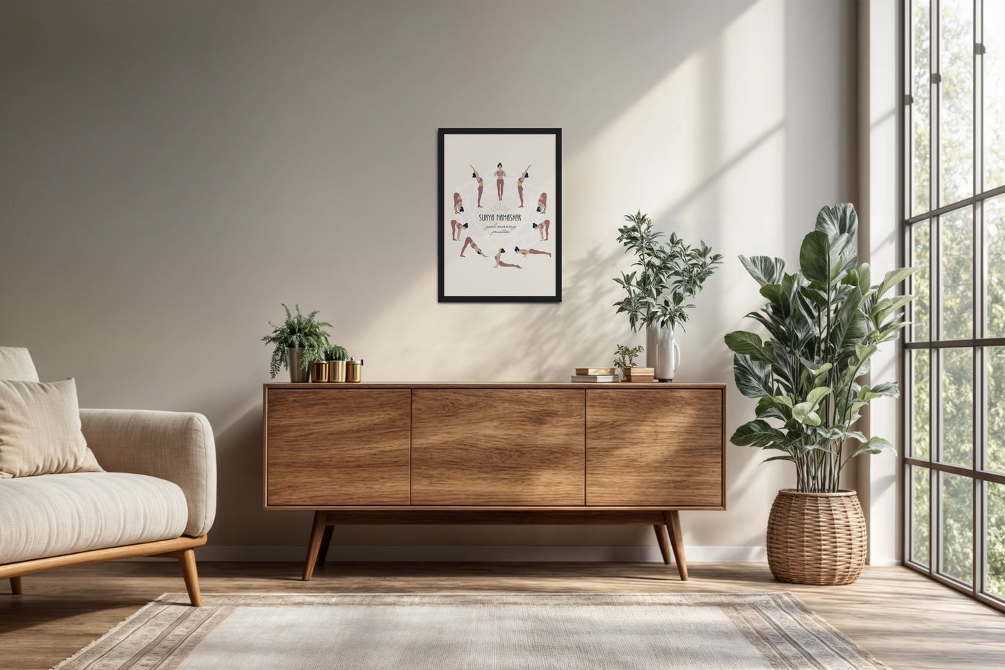 Living Room Cabinet Preview of Surya Namaskar – Yoga Sequence Wall Art Frame in Black Color Frame