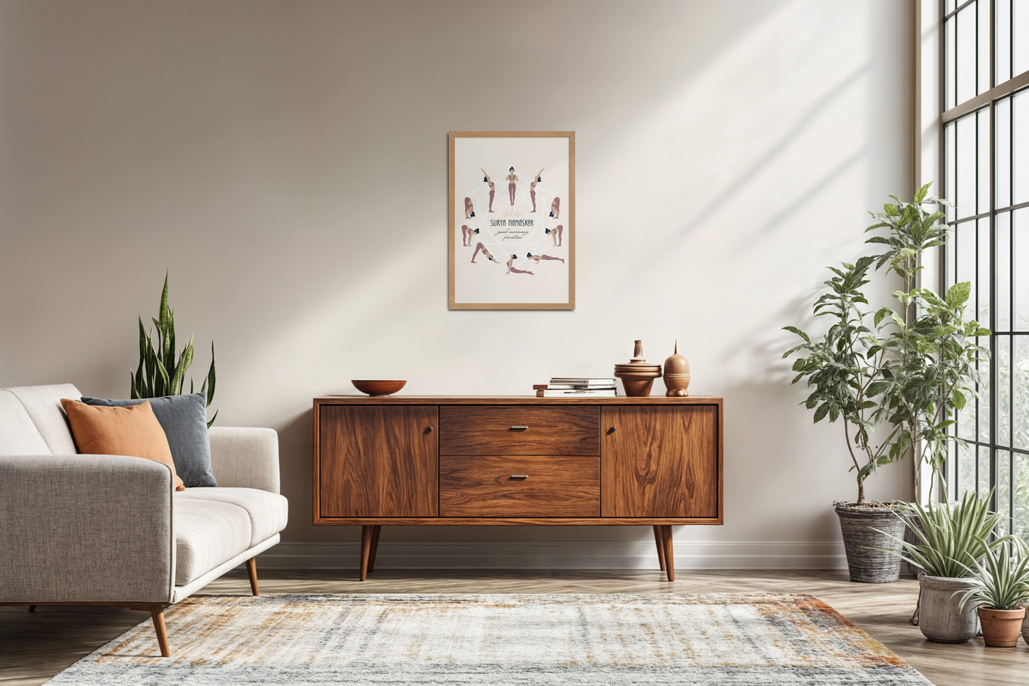 Living Room Sofa Preview of Surya Namaskar – Yoga Sequence Wall Art Frame in Natrual Color Frame