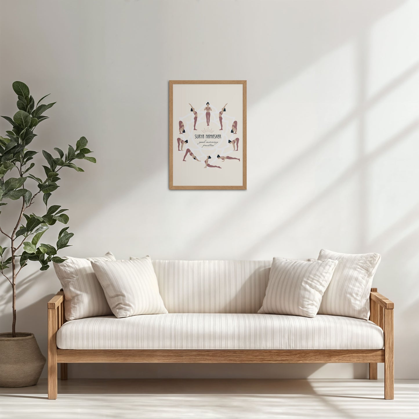 Living Room Cabinet Table Preview of Surya Namaskar – Yoga Sequence Wall Art Frame in Natrual Color Frame