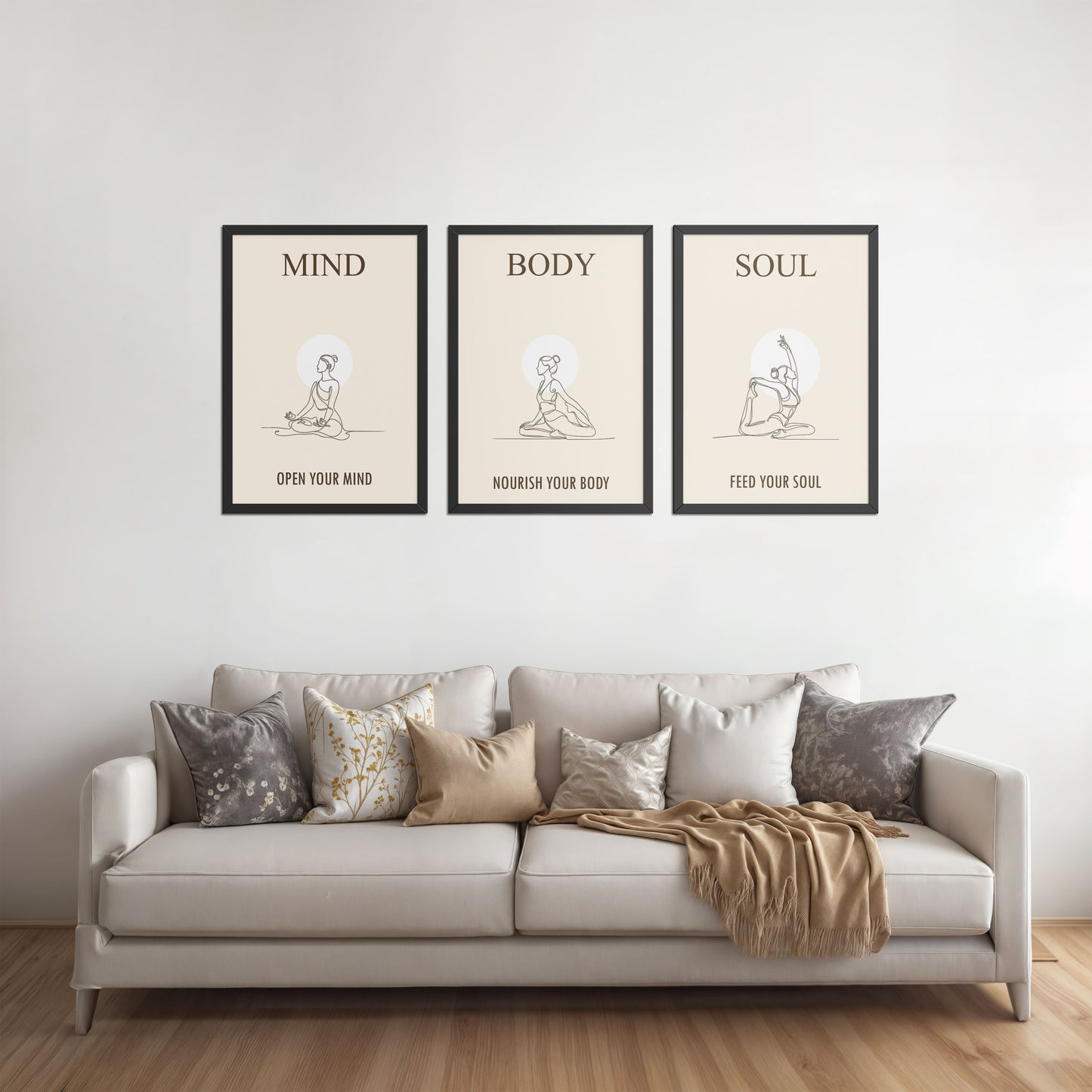 Living Room Sofa Preview of Mind, Body & Soul – Yoga Wall Art Set of 3 Frames in Black Color Frame