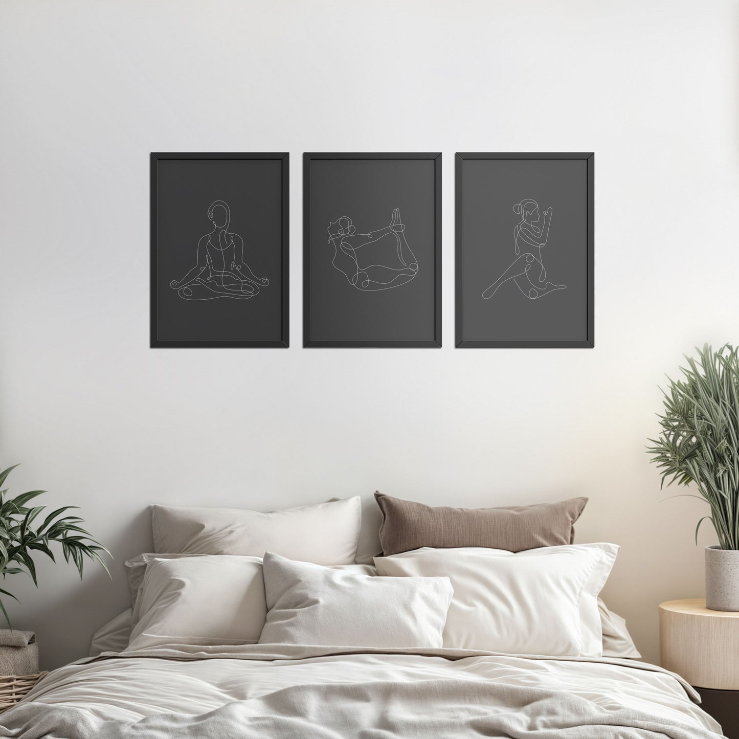 Bed Room Preview of Grace in Motion – Minimalist Yoga Pose Line Art Set of 3 in Black Color Frame