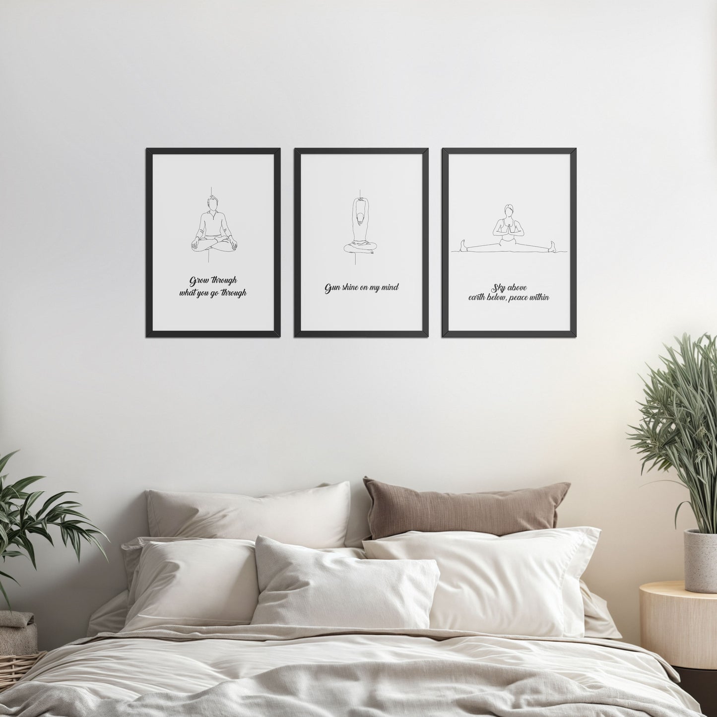 Bed Room Preview of Mindful Mantras – Yoga Quote Line Art Wall Frame Set of 3 in Black Color Frame