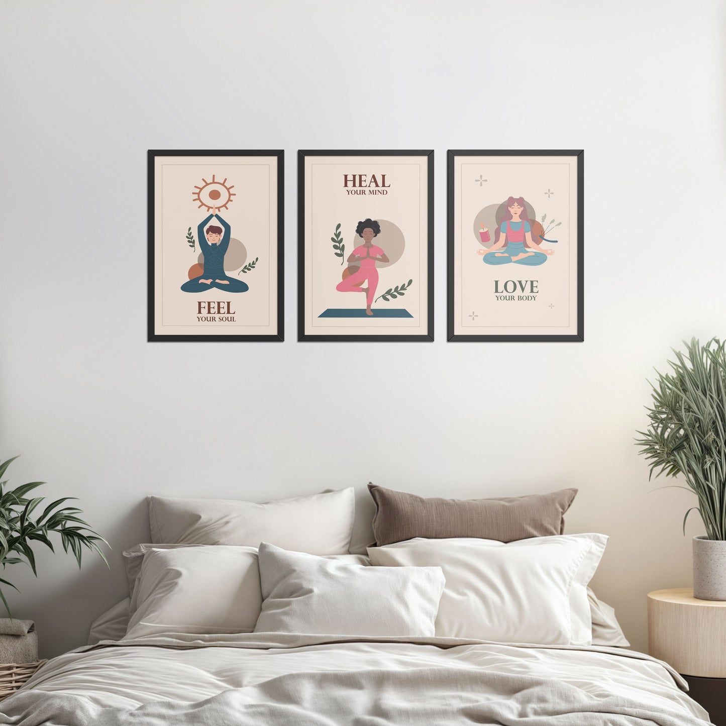 Bed Room Preview of Feel, Heal & Love – Inspirational Yoga Set of 3 Frames in Black Color Frame