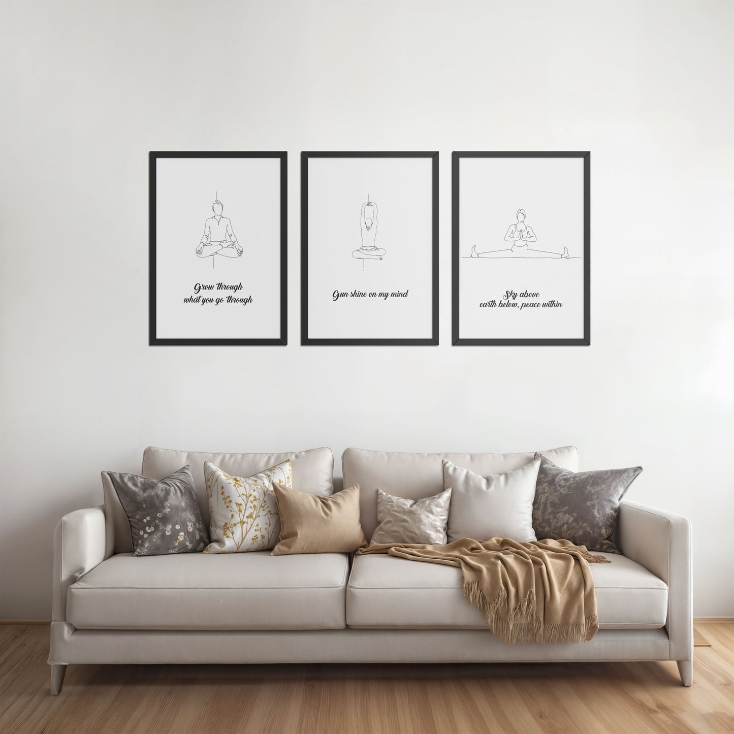 Living Room Sofa Preview of Mindful Mantras – Yoga Quote Line Art Wall Frame Set of 3 in Black Color Frame