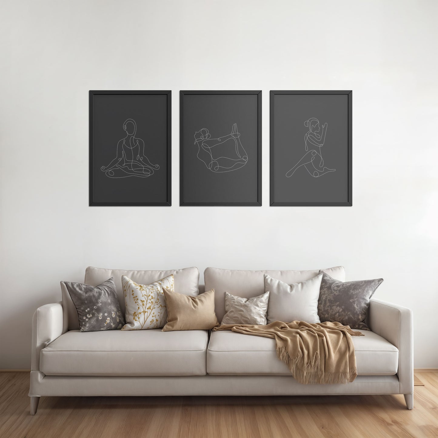 Living Room Sofa Preview of Grace in Motion – Minimalist Yoga Pose Line Art Set of 3 in Black Color Frame