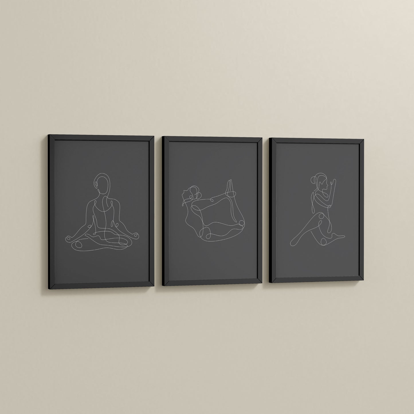 Side View of Grace in Motion – Minimalist Yoga Pose Line Art Set of 3 in Black Color Frame