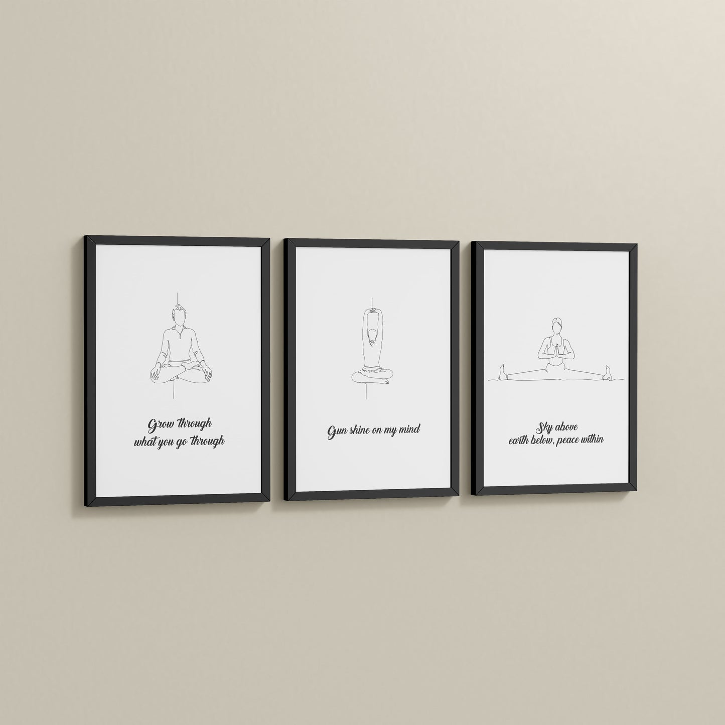 Side View of Mindful Mantras – Yoga Quote Line Art Wall Frame Set of 3 in Black Color Frame