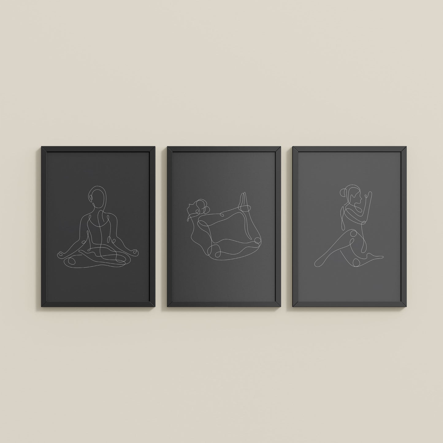 Wall View of Grace in Motion – Minimalist Yoga Pose Line Art Set of 3 in Black Color Frame