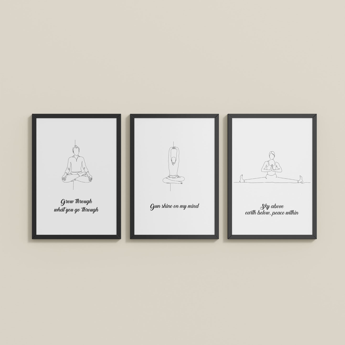 Wall View of Mindful Mantras – Yoga Quote Line Art Wall Frame Set of 3 in Black Color Frame
