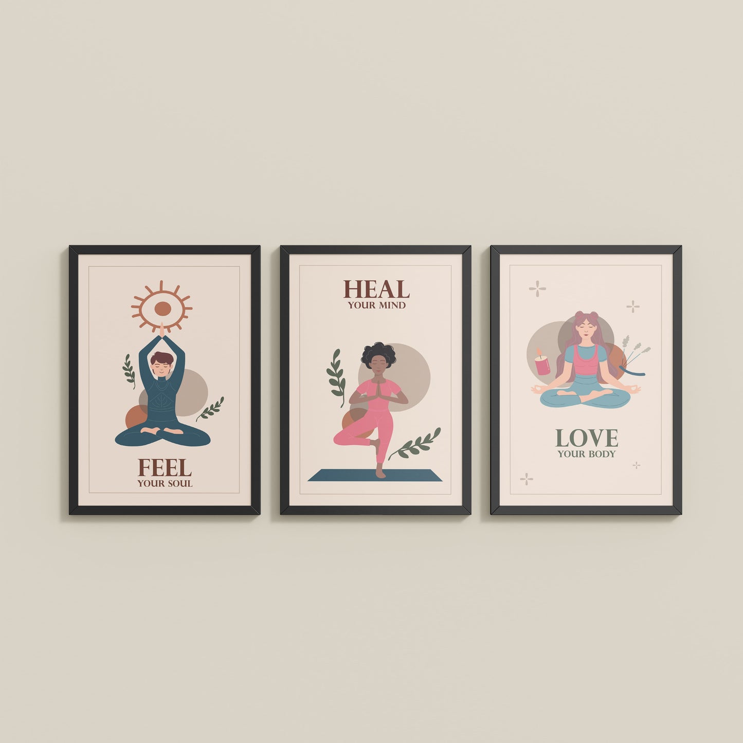 Wall View of Feel, Heal & Love – Inspirational Yoga Set of 3 Frames in Black Color Frame