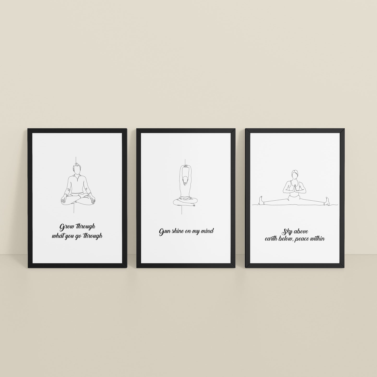 Inclined Floor View of Mindful Mantras – Yoga Quote Line Art Wall Frame Set of 3 in Black Color Frame