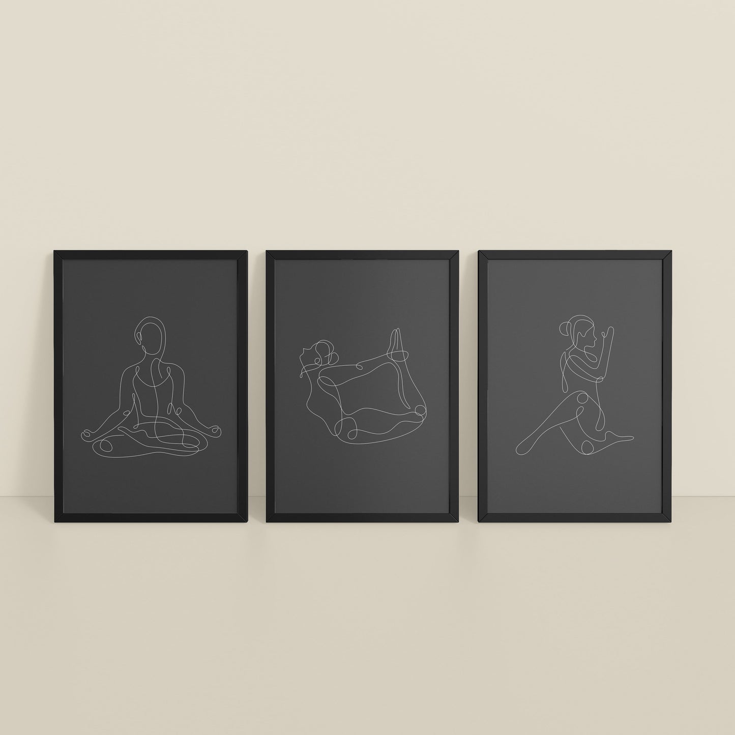 Inclined Floor View of Grace in Motion – Minimalist Yoga Pose Line Art Set of 3 in Black Color Frame