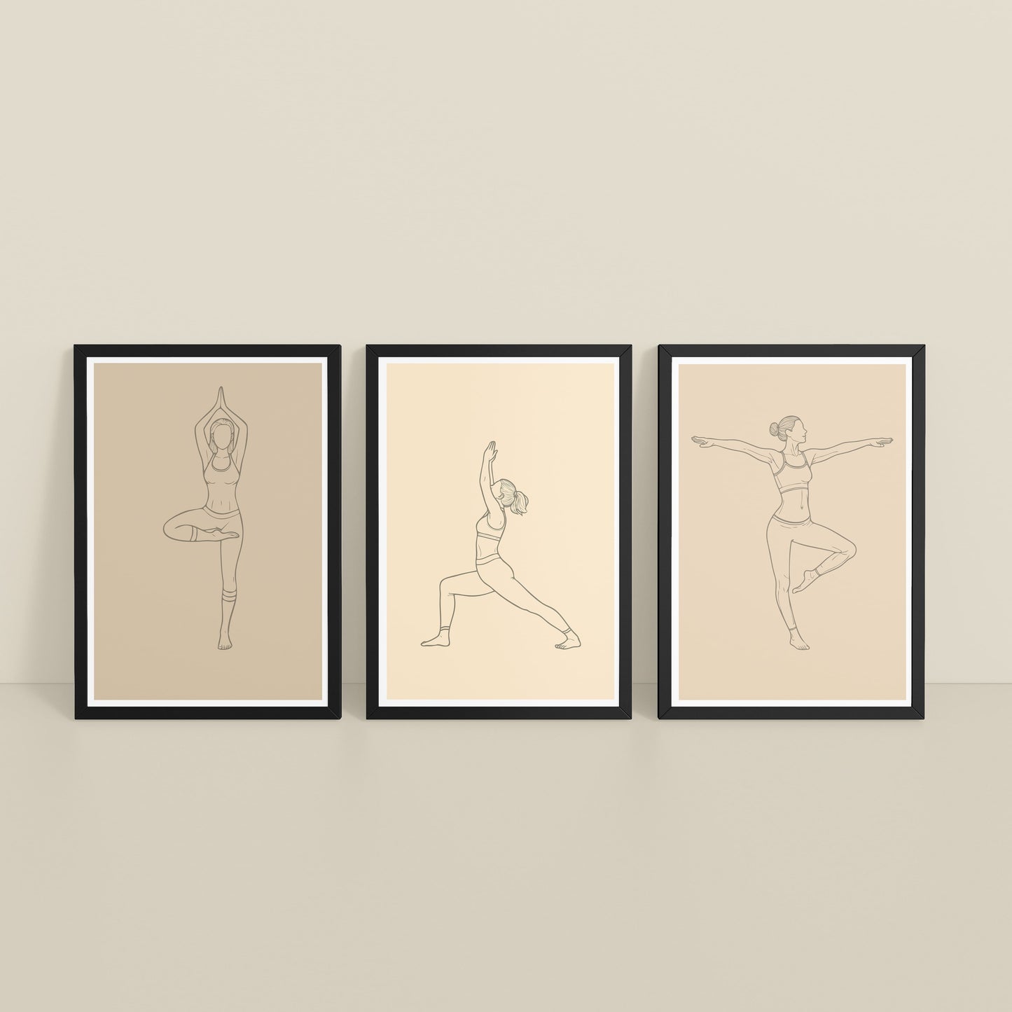Inclined Floor View of Yoga Posture Wall Decor Set of 3 Frames in Black Color Frame