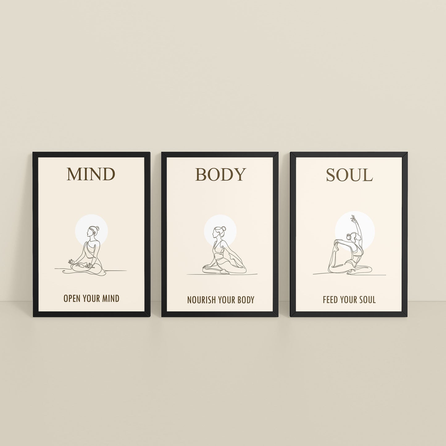 Inclined Floor View of Mind, Body & Soul – Yoga Wall Art Set of 3 Frames in Black Color Frame
