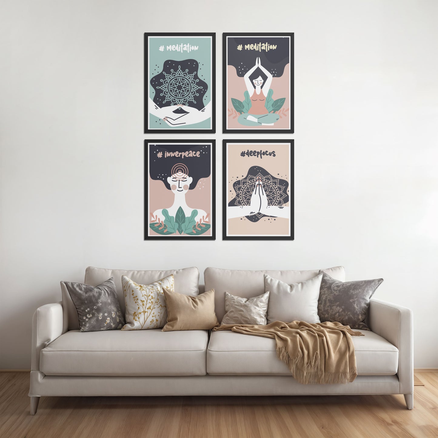 Bed Room Preview of Inner Peace & Meditation Wall Art Set of 4 Frames in Black Color Frame