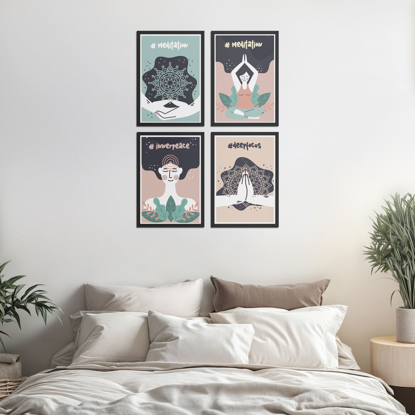 Living Room Sofa Preview of Inner Peace & Meditation Wall Art Set of 4 Frames in Black Color Frame