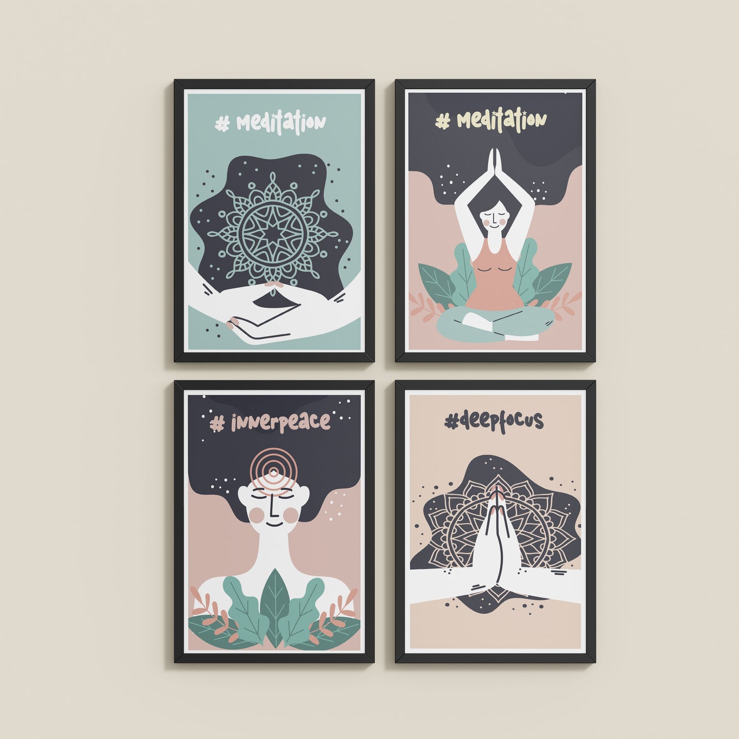 Wall View of Inner Peace & Meditation Wall Art Set of 4 Frames in Black Color Frame