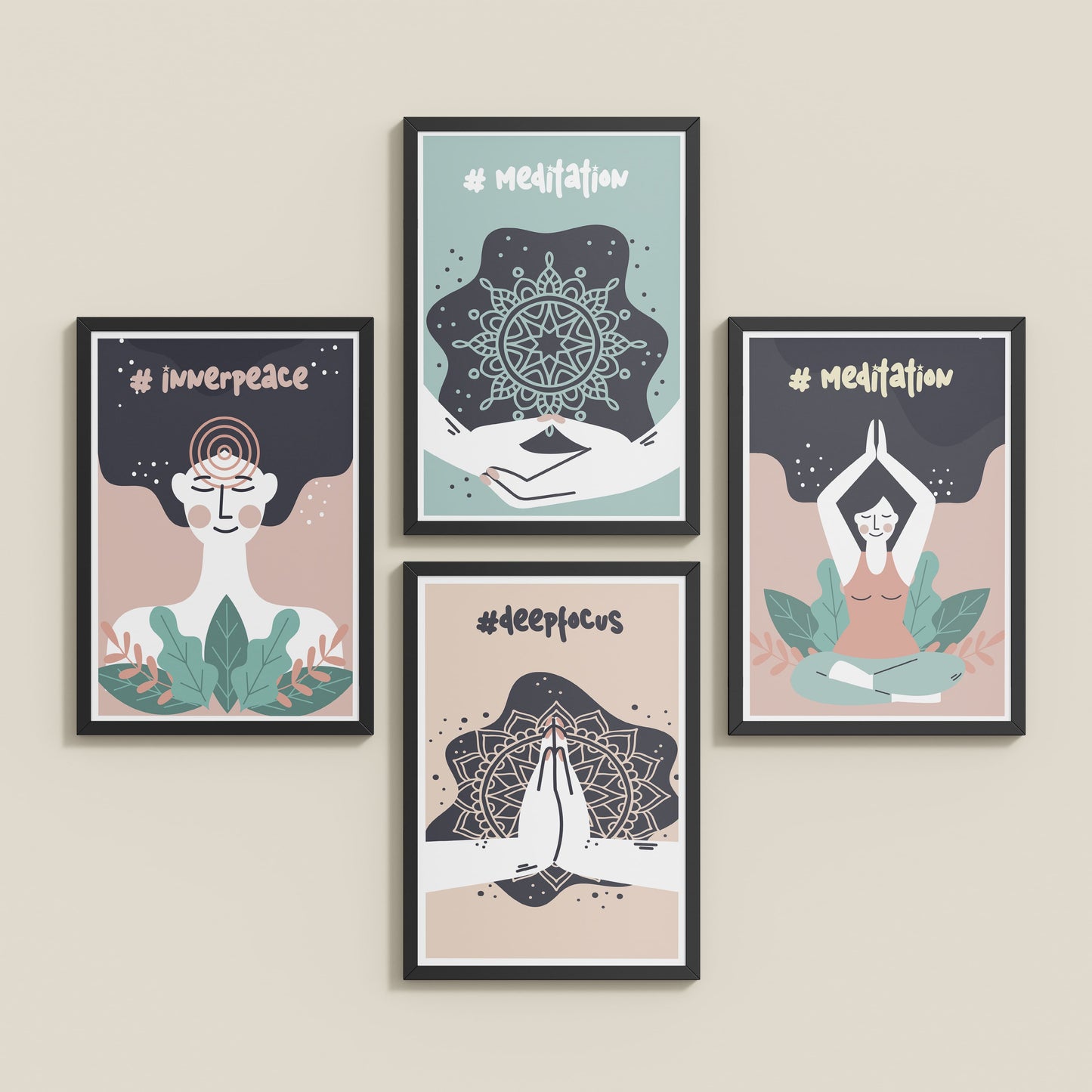 Inclined Floor View of Inner Peace & Meditation Wall Art Set of 4 Frames in Black Color Frame