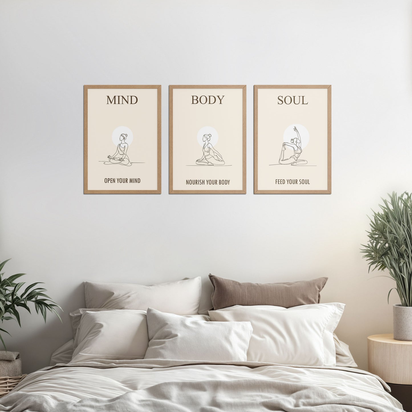 Bed Room Preview of Mind, Body & Soul – Yoga Wall Art Set of 3 Frames in Natrual Color Frame